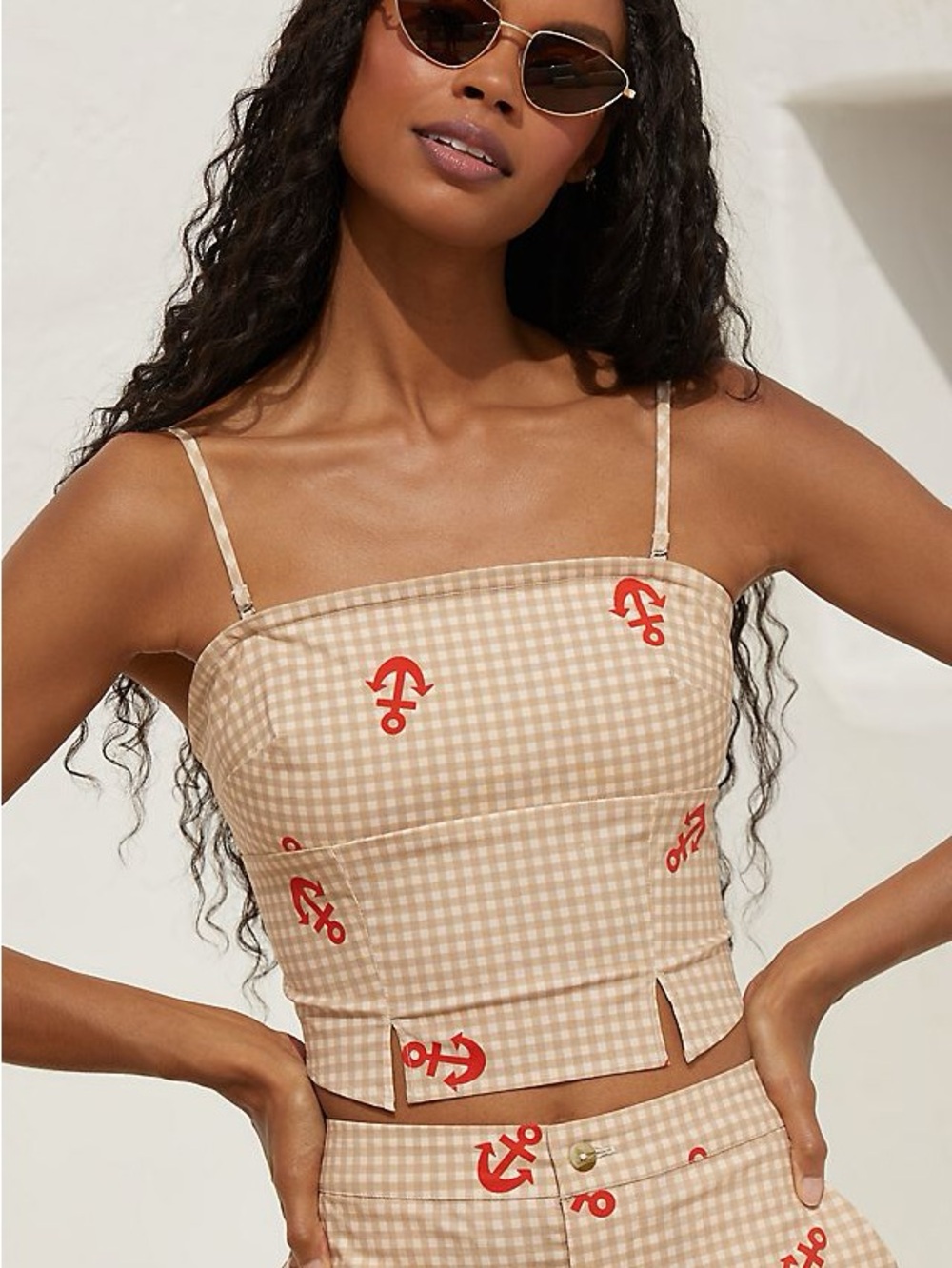 NWT Anthropologie Celandine Beige Gingham Anchor Crop Cami